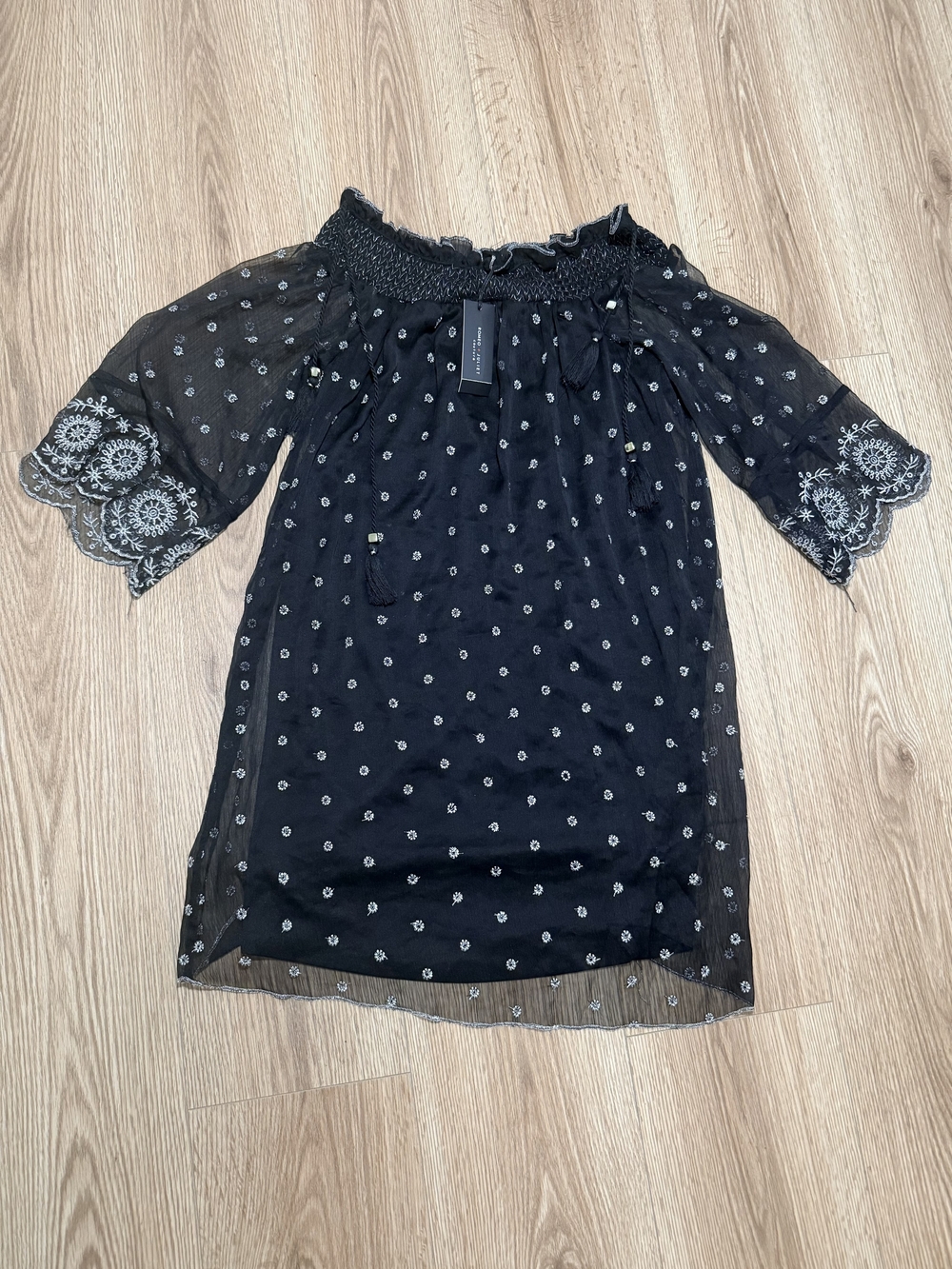 Smocked Off-Shoulder Black Embroidered Mini Dress